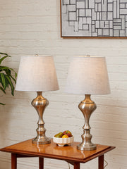 Brushed Nickel Table Lamps with Linen Shades, Modern Classic Pair