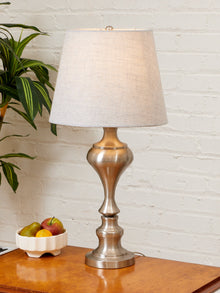 Brushed Nickel Table Lamps with Linen Shades, Modern Classic Pair