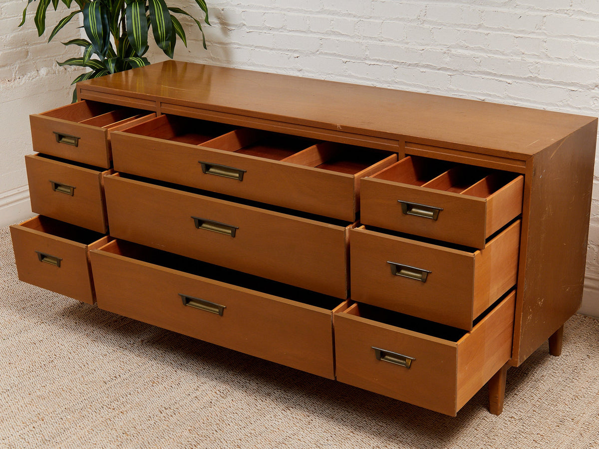 Vintage Mid-Century Modern Nine-Drawer Dresser by Red Lion Furniture Co. as Found