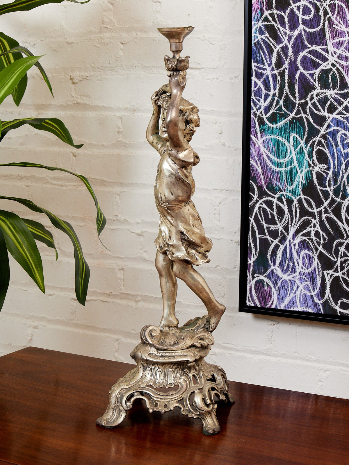 French Neoclassical Cast Bronze Boy w Torch Figural