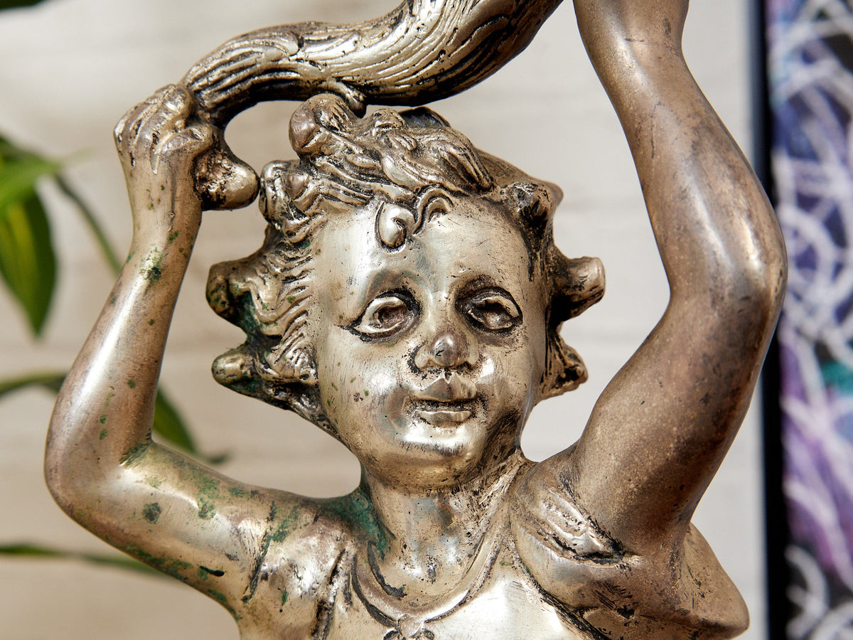French Neoclassical Cast Bronze Boy w Torch Figural
