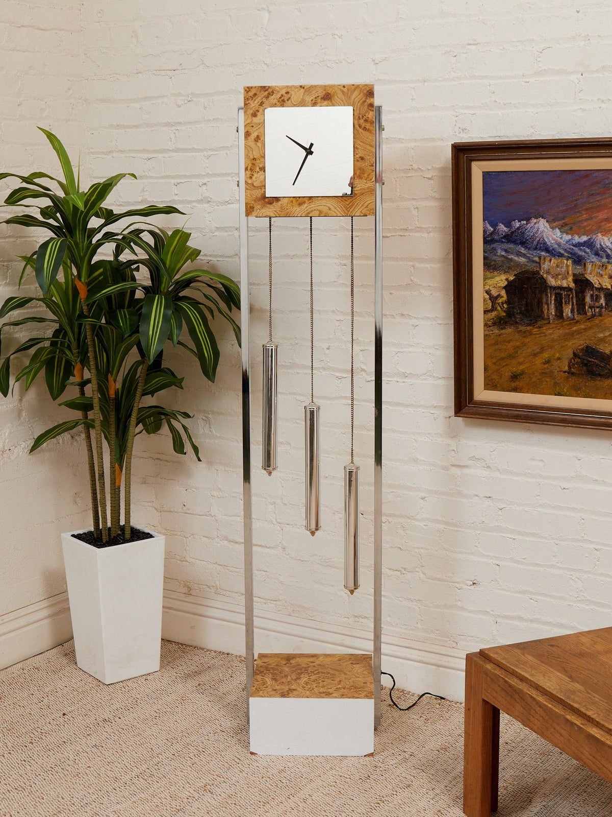Faux Burlwood 1970’s Mid-Century Modern Grandfather Clock