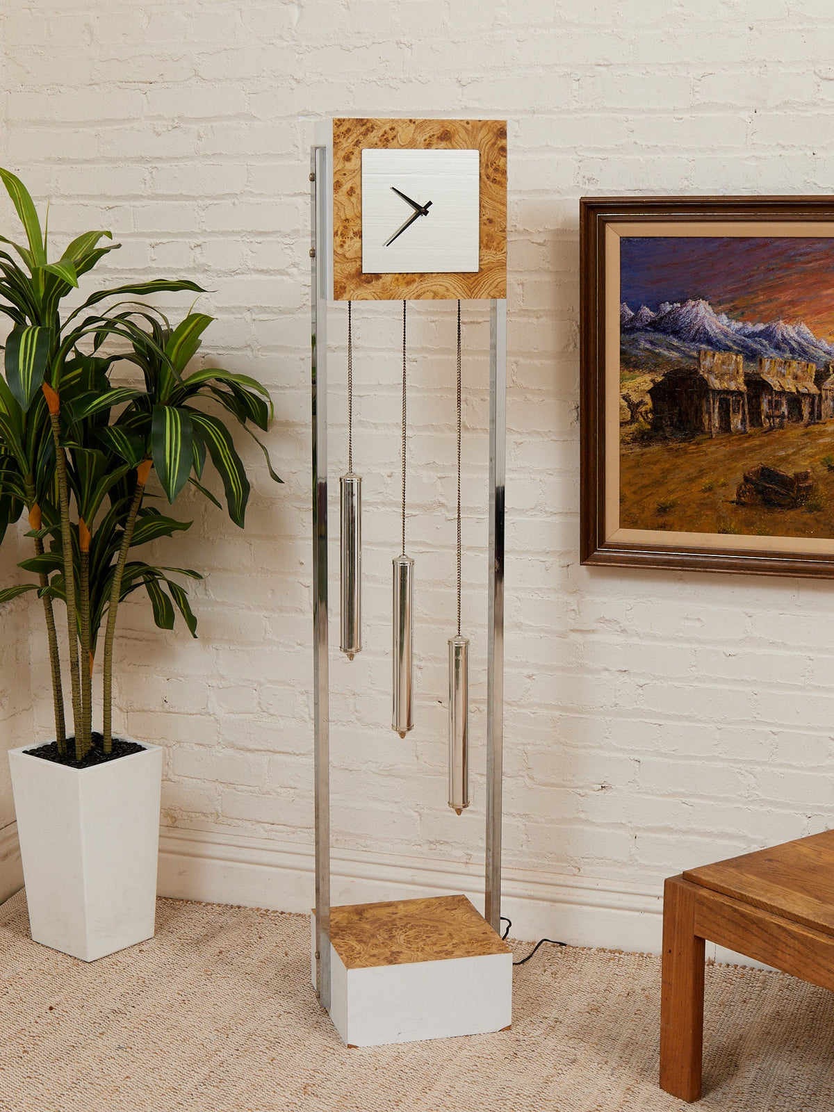 Faux Burlwood 1970’s Mid-Century Modern Grandfather Clock