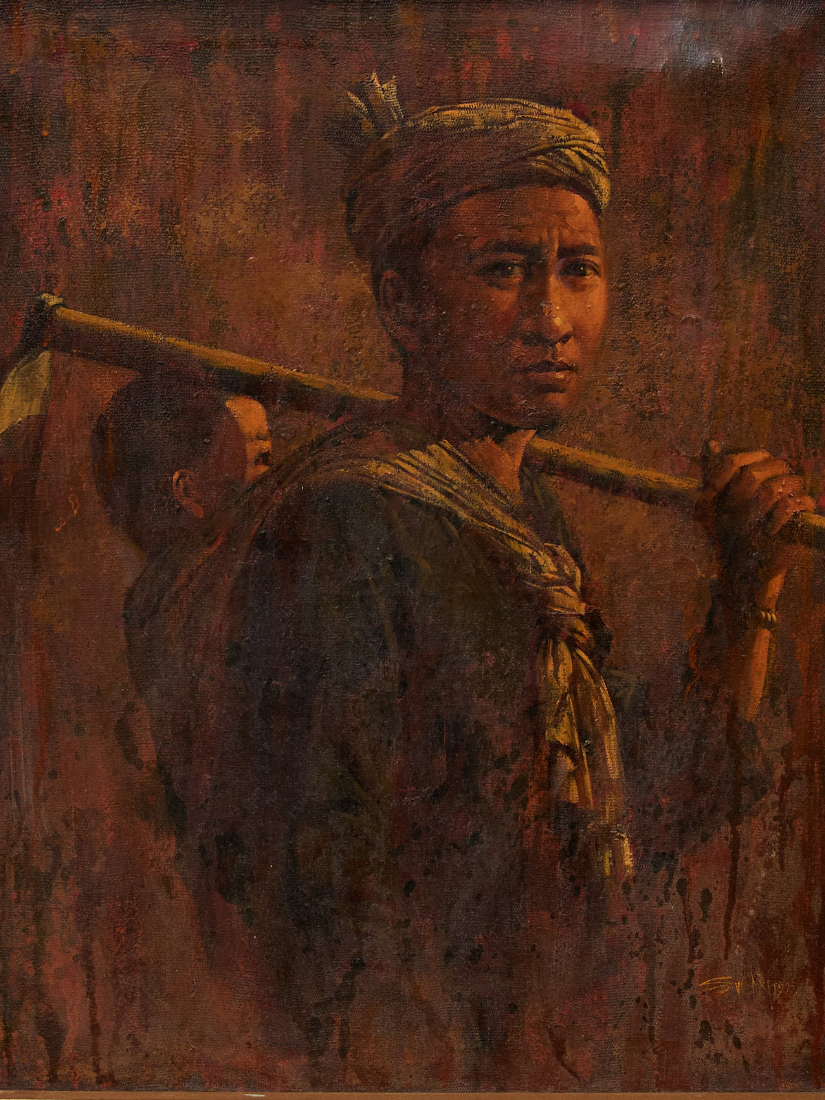The Carrier Figurative Portrait Painting in Earth Tones  Signed by Svel 1977
