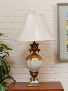 Hollywood Regency Opalescent Blown Glass Solid Brass Cherub Table Lamp Vintage