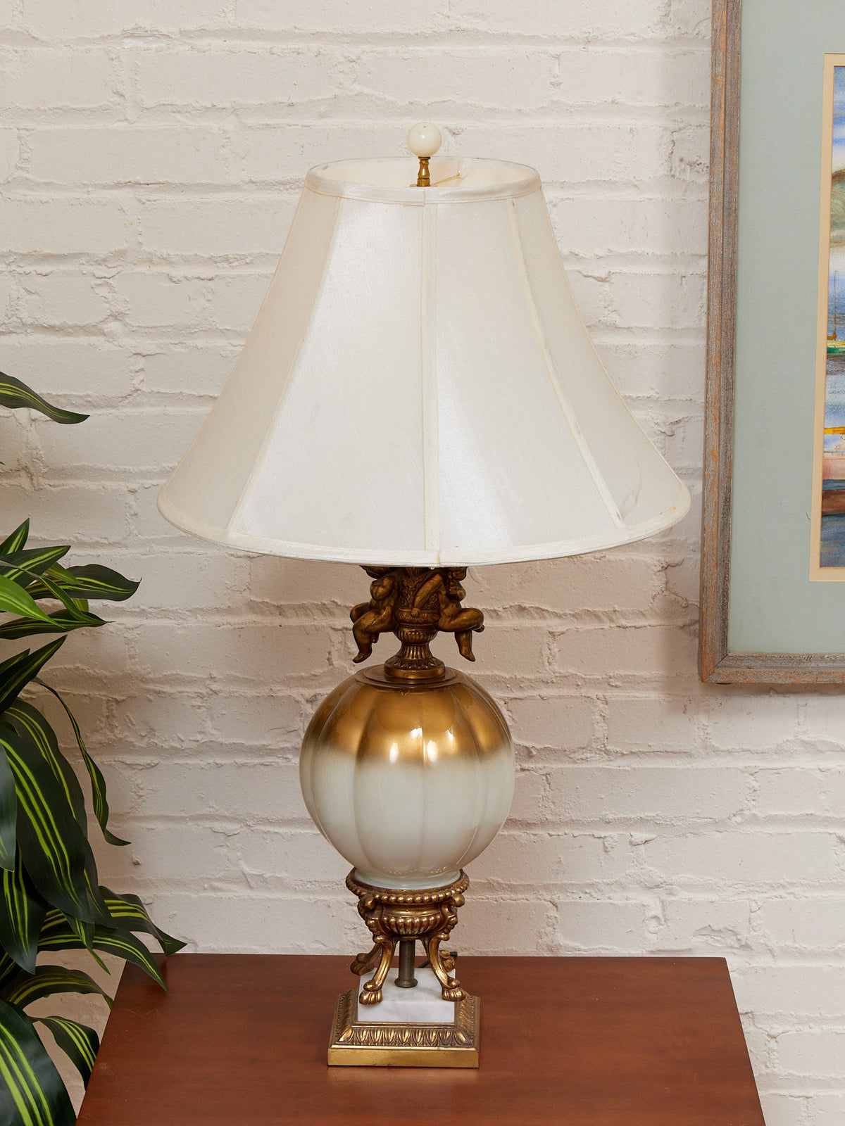 Hollywood Regency Opalescent Blown Glass Solid Brass Cherub Table Lamp Vintage