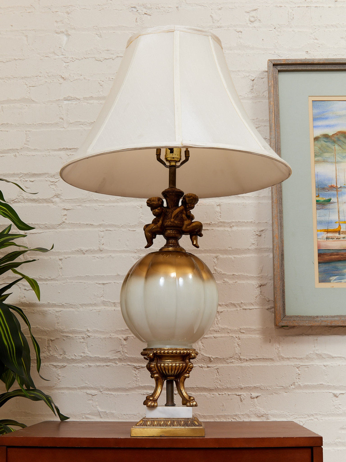 Hollywood Regency Opalescent Blown Glass Solid Brass Cherub Table Lamp Vintage