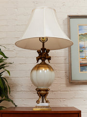 Hollywood Regency Opalescent Blown Glass Solid Brass Cherub Table Lamp Vintage