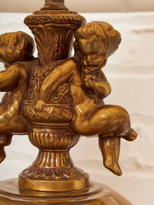 Hollywood Regency Opalescent Blown Glass Solid Brass Cherub Table Lamp Vintage