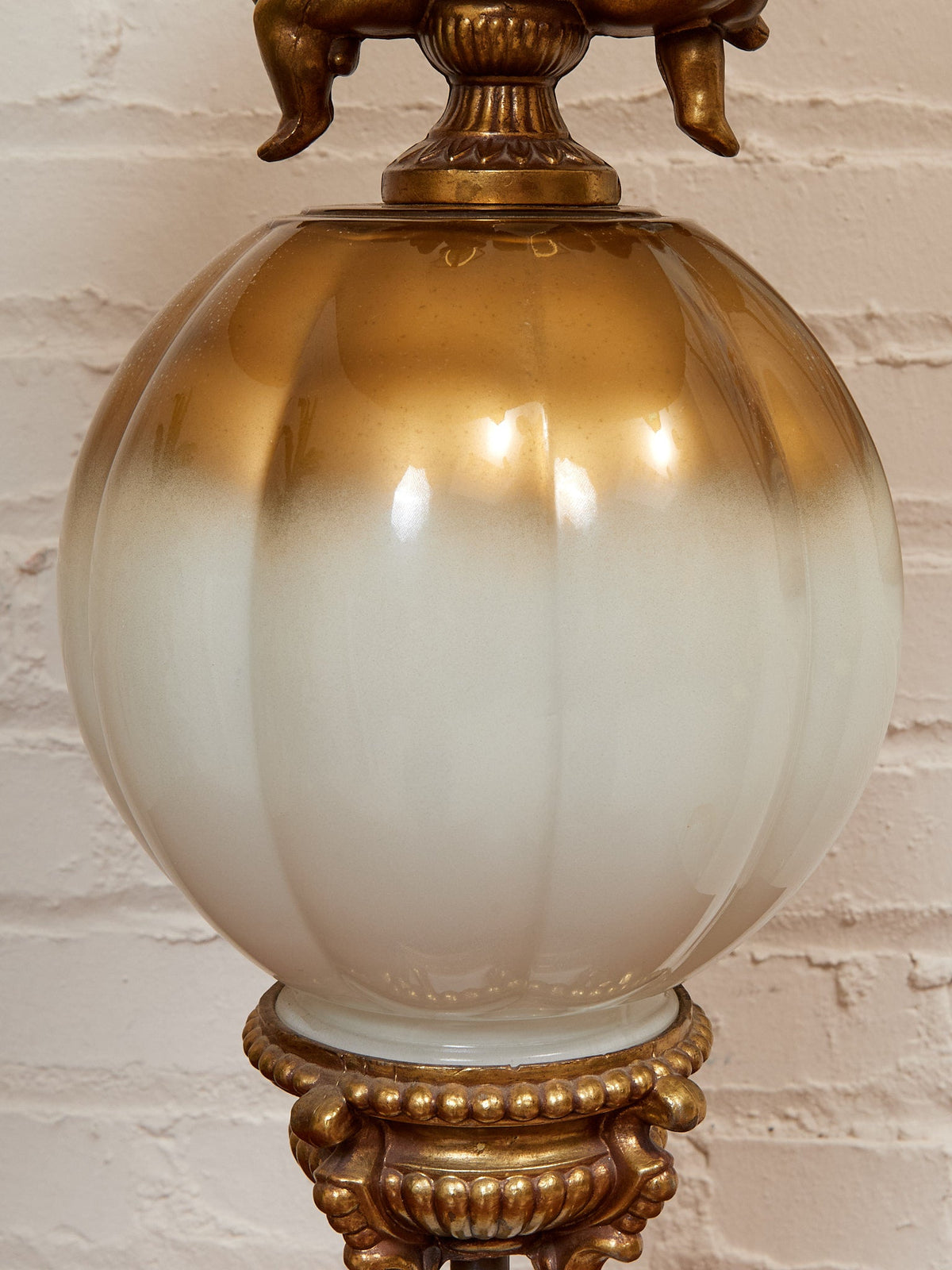 Hollywood Regency Opalescent Blown Glass Solid Brass Cherub Table Lamp Vintage