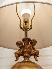 Hollywood Regency Opalescent Blown Glass Solid Brass Cherub Table Lamp Vintage