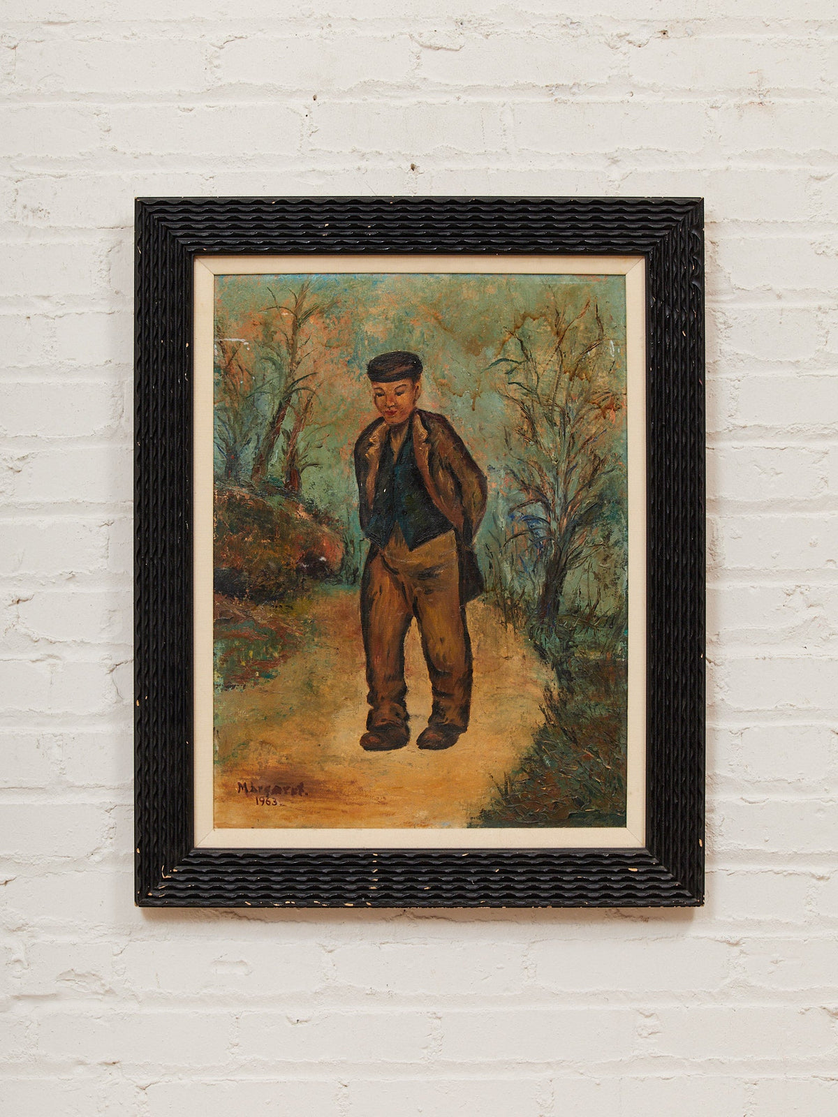 Framed Figurative Painting of Young Boy on Path