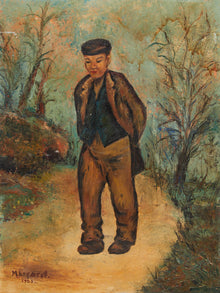 Framed Figurative Painting of Young Boy on Path