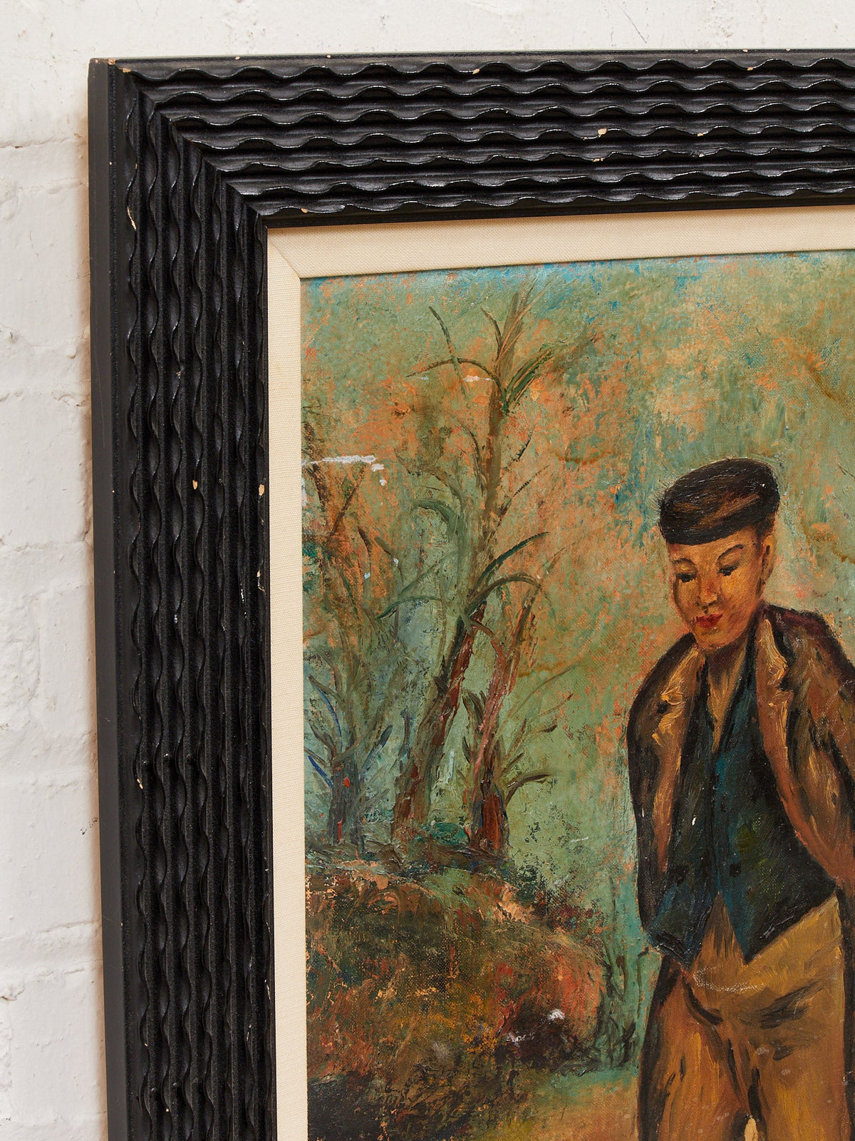 Framed Figurative Painting of Young Boy on Path