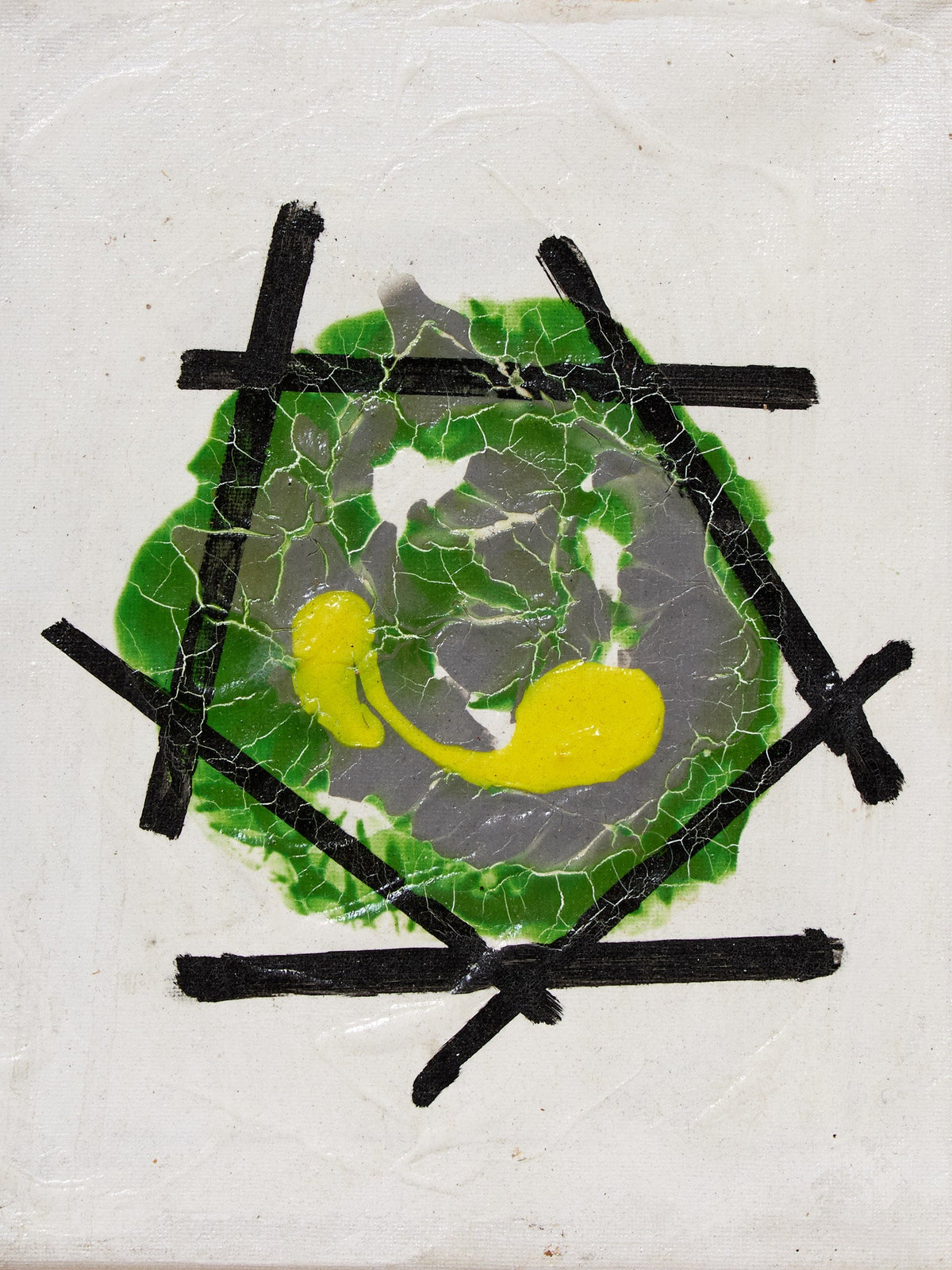 Contained Eclipse Geometric Abstract Painting in Green Gray Yellow and Black