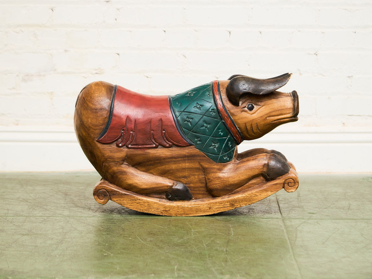 Asian Vintage Super Rare Hand-Carved Wooden Rocking Pig