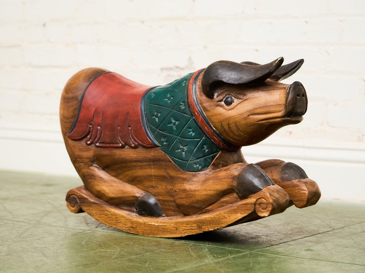 Asian Vintage Super Rare Hand-Carved Wooden Rocking Pig