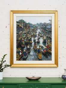 Original Oil on Canvas Thai Impressionist River Marketplace by Patamares Livisit