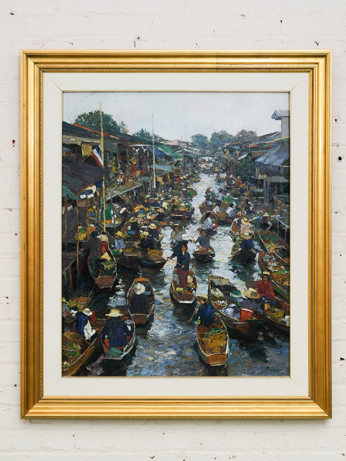 Original Oil on Canvas Thai Impressionist River Marketplace by Patamares Livisit