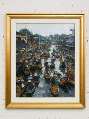 Original Oil on Canvas Thai Impressionist River Marketplace by Patamares Livisit