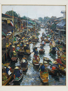 Original Oil on Canvas Thai Impressionist River Marketplace by Patamares Livisit