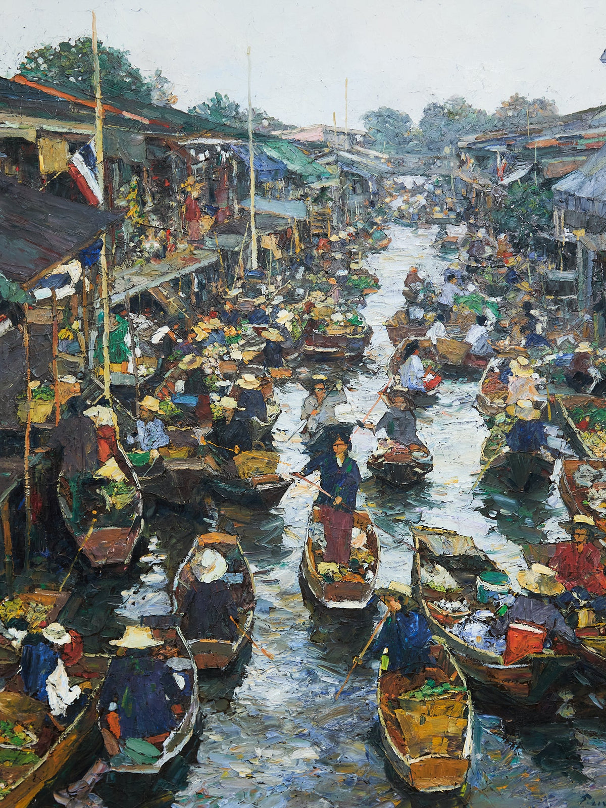 Original Oil on Canvas Thai Impressionist River Marketplace by Patamares Livisit