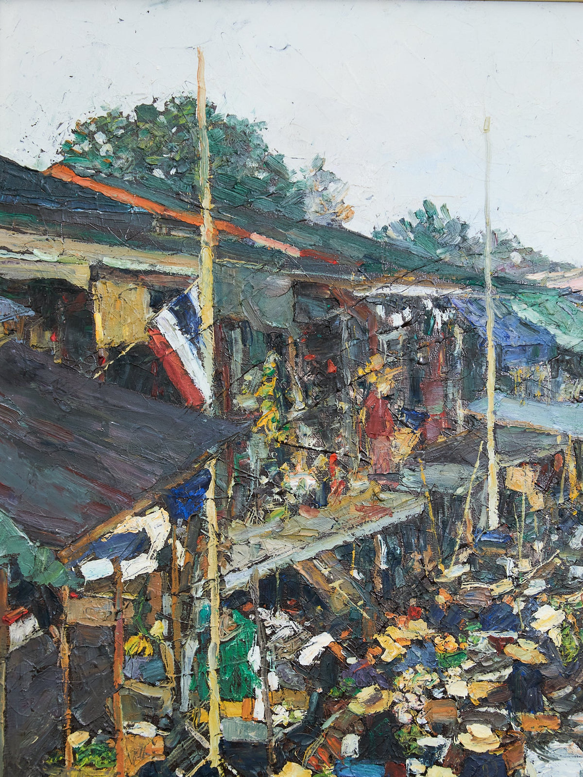 Original Oil on Canvas Thai Impressionist River Marketplace by Patamares Livisit