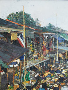 Original Oil on Canvas Thai Impressionist River Marketplace by Patamares Livisit