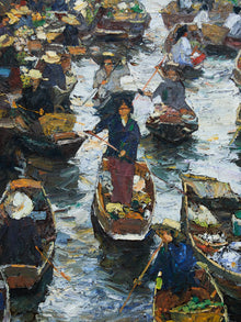 Original Oil on Canvas Thai Impressionist River Marketplace by Patamares Livisit