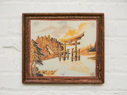 Vintage Japan Silk Hand Embroidered Tapestry Torii Shinto Shrine Gate & Minks Bridge