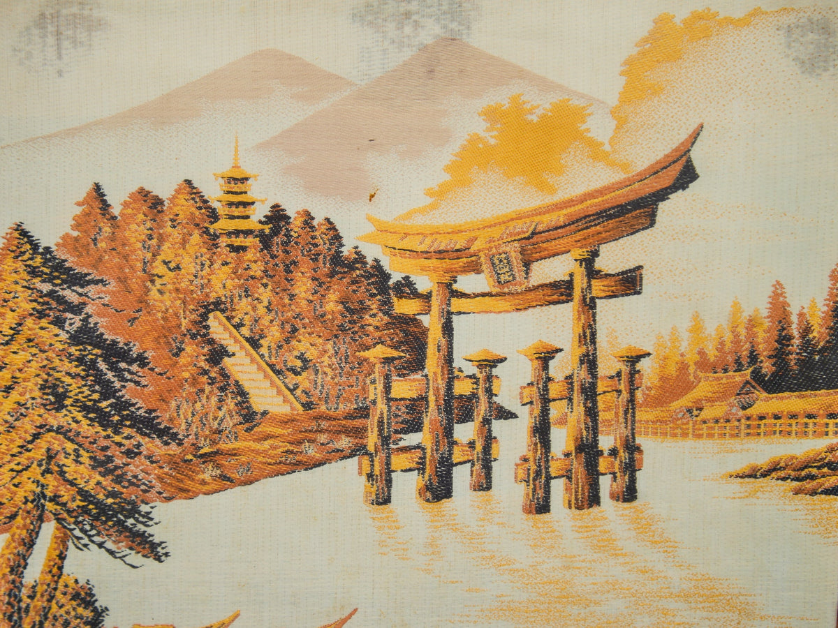 Vintage Japan Silk Hand Embroidered Tapestry Torii Shinto Shrine Gate & Minks Bridge