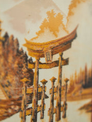 Vintage Japan Silk Hand Embroidered Tapestry Torii Shinto Shrine Gate & Minks Bridge