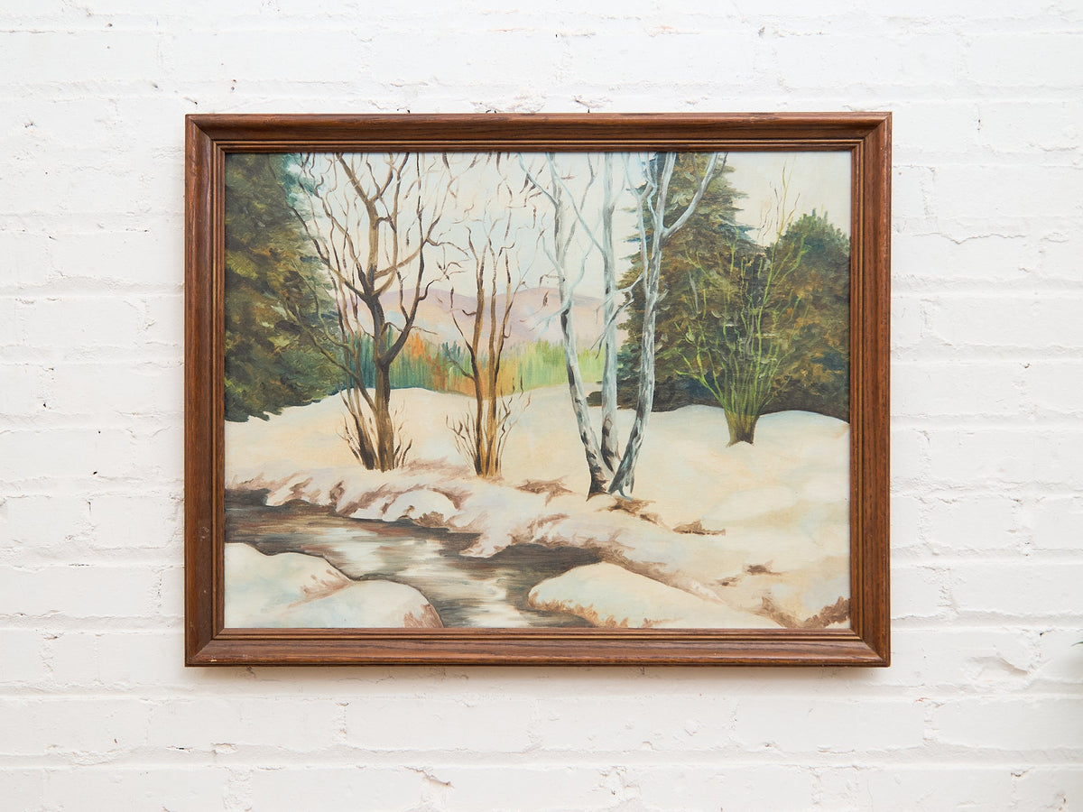 Vintage Winter Stream Through the Birch Trees Painting