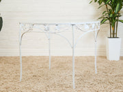 Vintage Wrought Iron Patio Dining Table with Leaf Motif Aqua Cushions and Glass Top