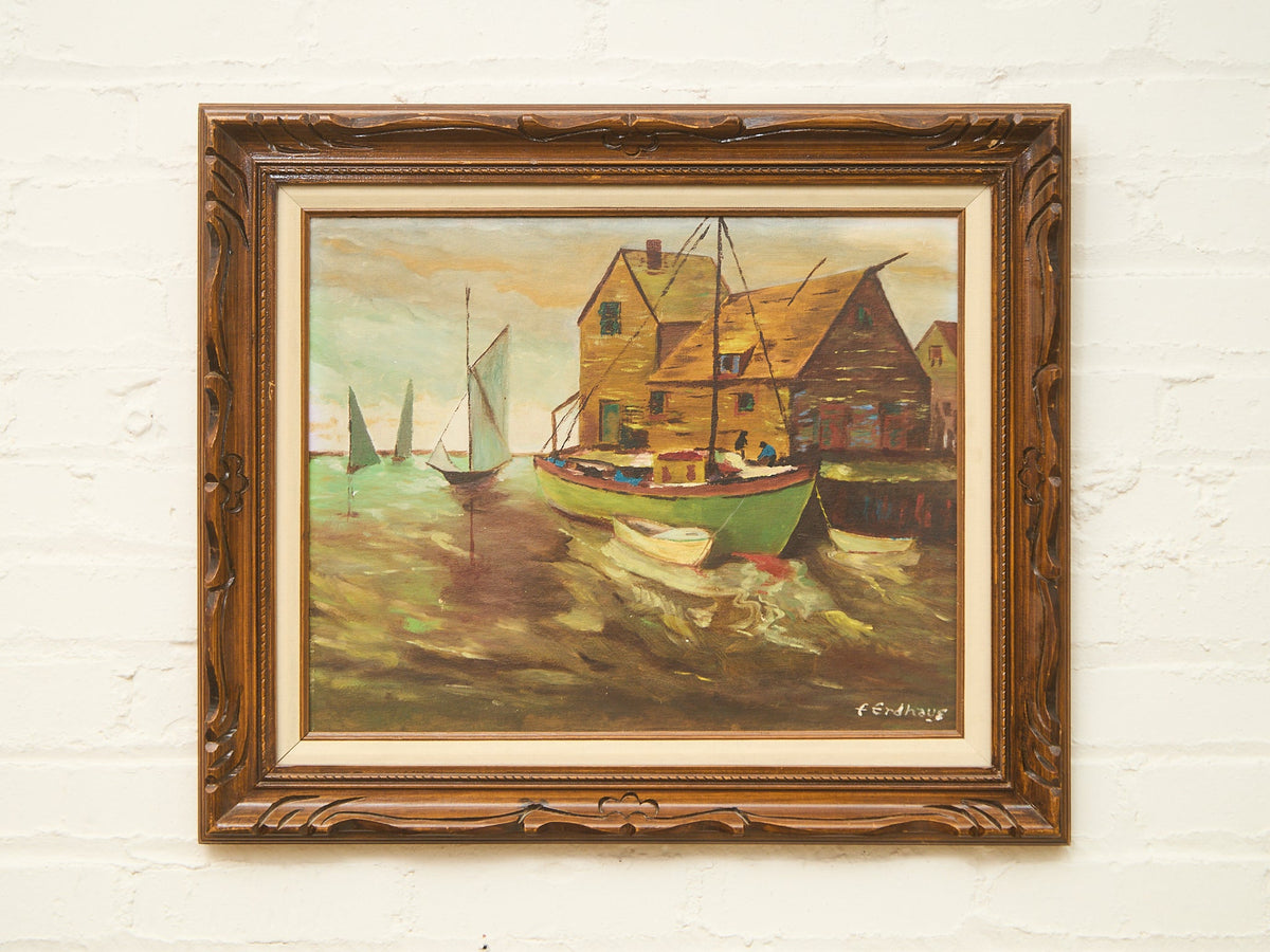 Harbor at Dusk Vintage Coastal Oil Painting