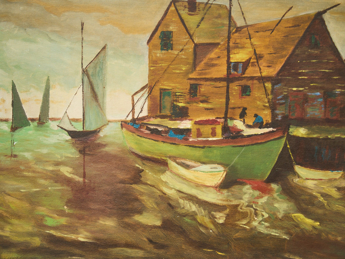 Harbor at Dusk Vintage Coastal Oil Painting