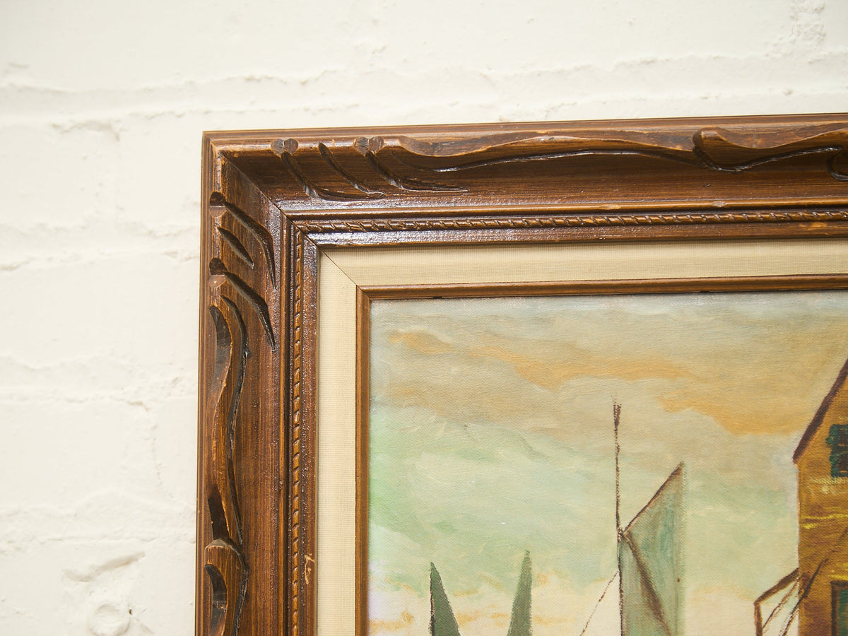 Harbor at Dusk Vintage Coastal Oil Painting