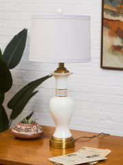 Mid-Century White Ceramic Table Lamp with Brass Base