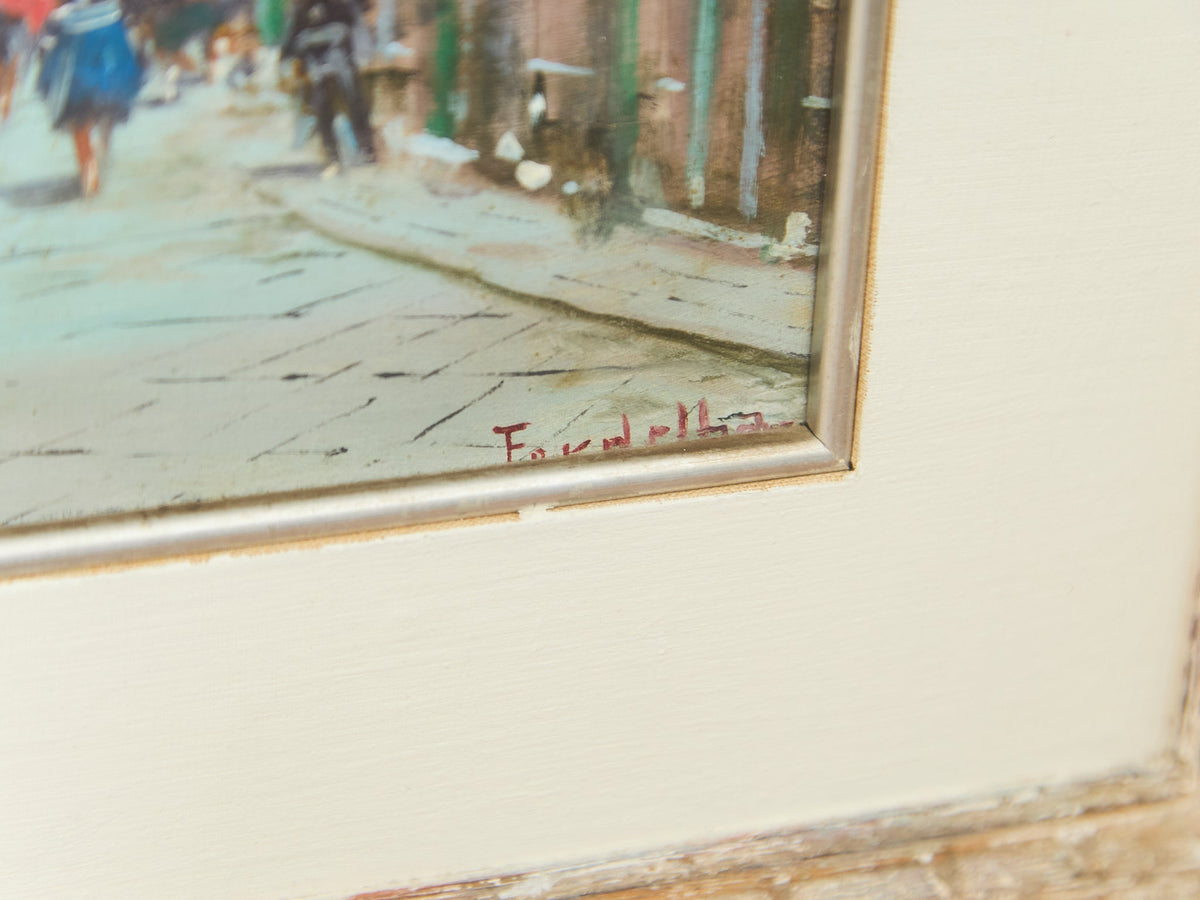 Framed European Street Scene Oil Painting Signed