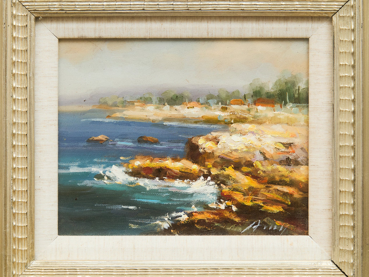 Vintage Coastal Seascape Oil Painting Textured Brushwork Wood Frame Signed