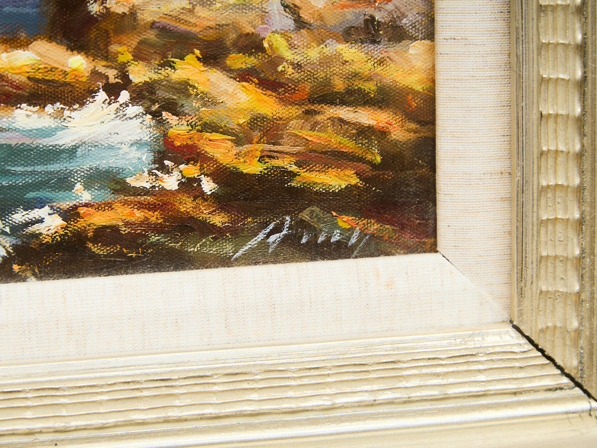 Vintage Coastal Seascape Oil Painting Textured Brushwork Wood Frame Signed
