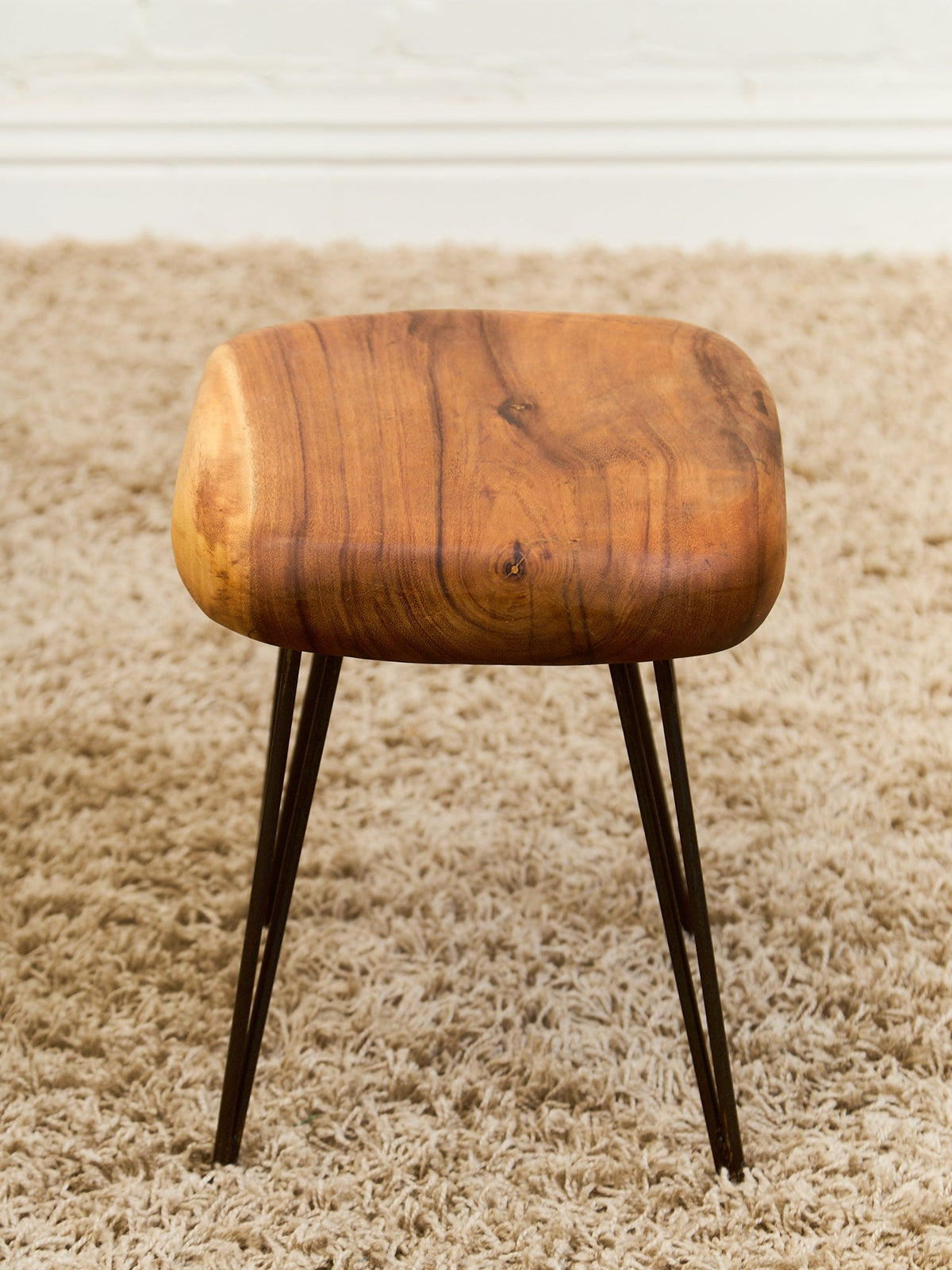 Mid-Century Modern Solid Wood Stool with Hairpin Legs