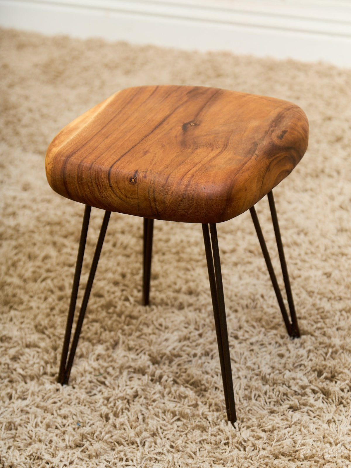 Mid-Century Modern Solid Wood Stool with Hairpin Legs