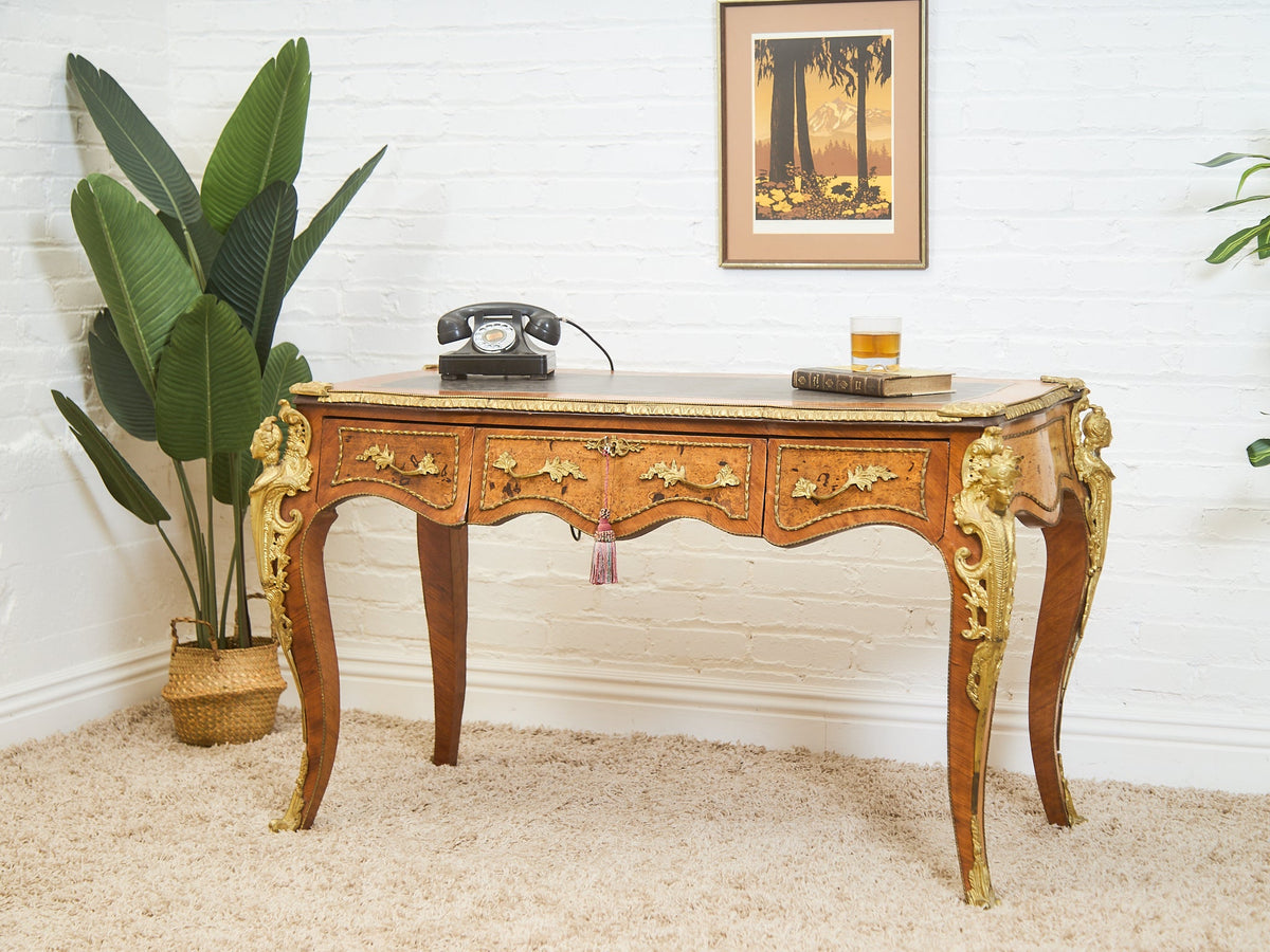 19th Century Antique Louis XV Style Bureau Plat Writing Table Bronze
