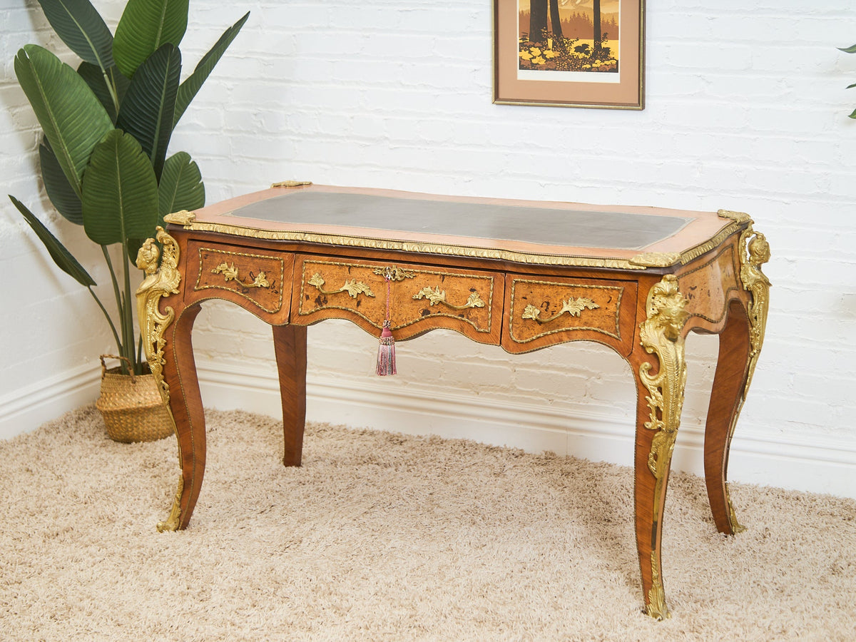 19th Century Antique Louis XV Style Bureau Plat Writing Table Bronze