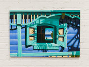 Turquoise Facade Architectural Painting in Blue and Teal