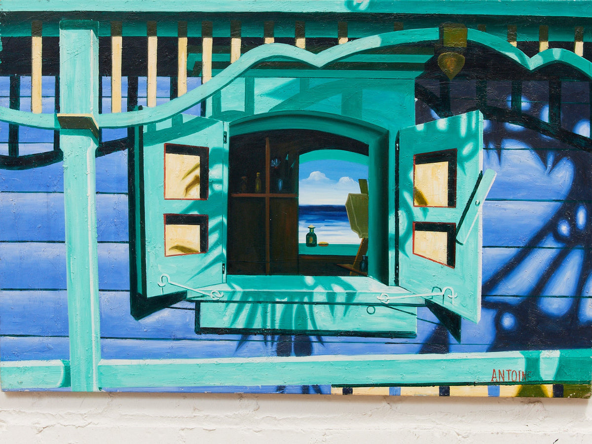 Turquoise Facade Architectural Painting in Blue and Teal
