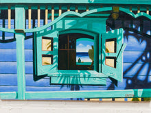 Turquoise Facade Architectural Painting in Blue and Teal