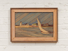 Harbor Inlay Framed Coastal Marquetry Artwork with Sailboat and Lighthouse