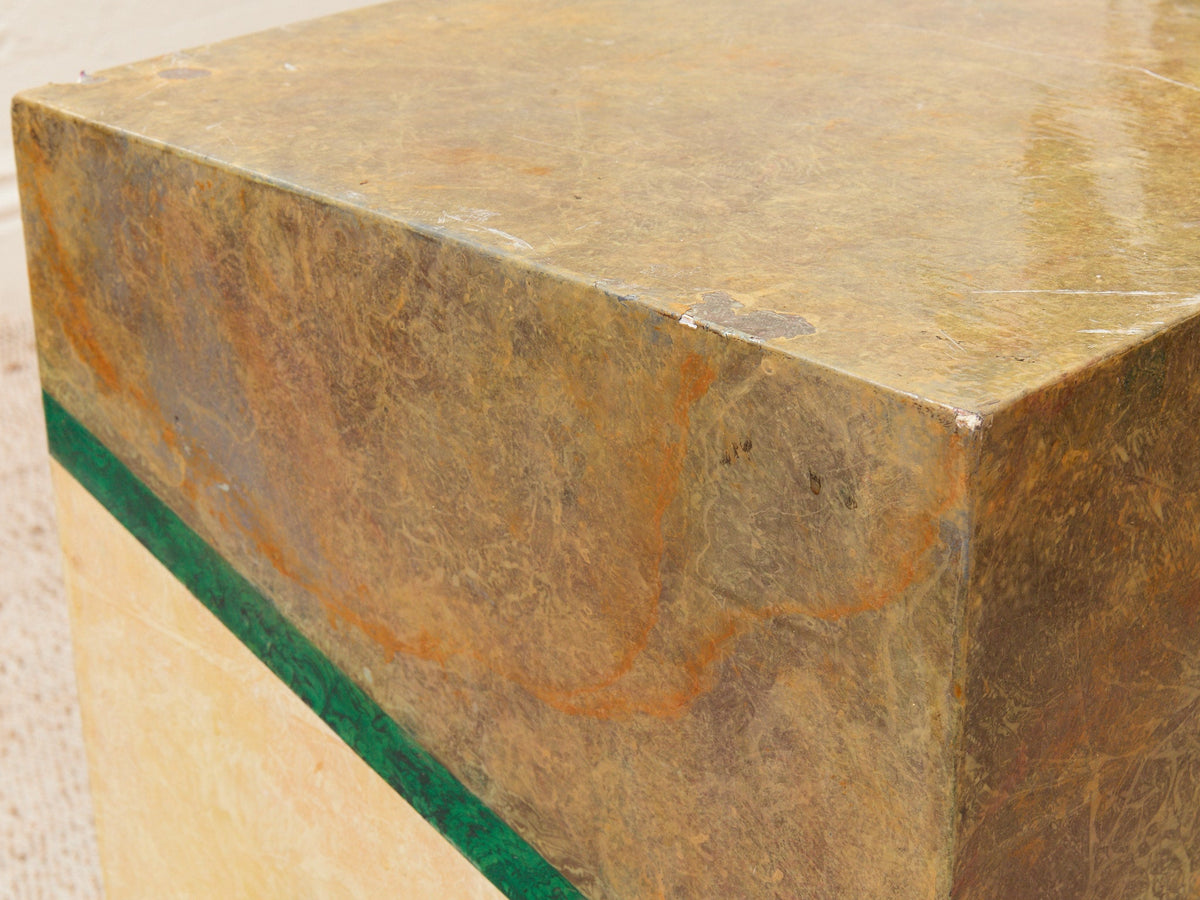 Malachite Block Faux Finish Pedestal Side Table